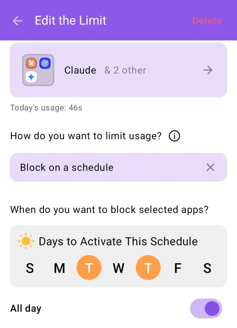 Mobile app blocking configuration showing Claude and other apps blocked on Tuesdays and Thursdays